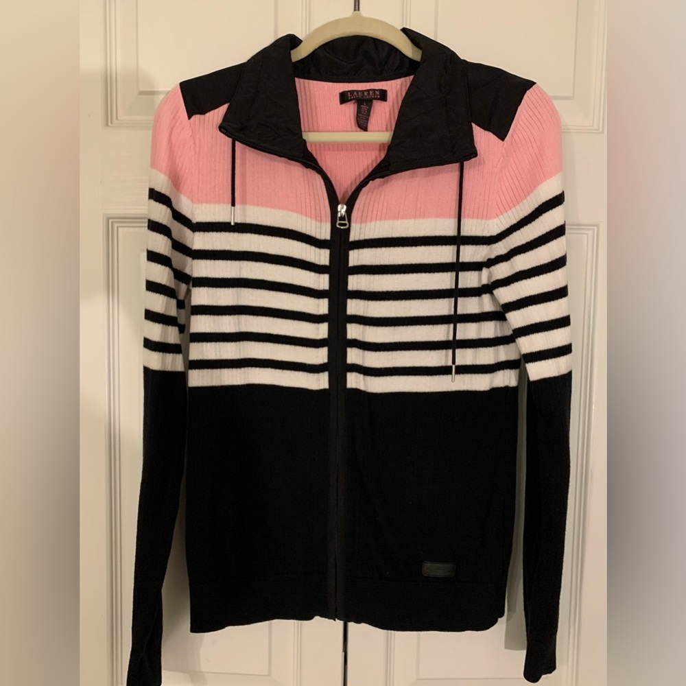 Ralph Lauren Pink White and Black Striped Zip-Up Sweater